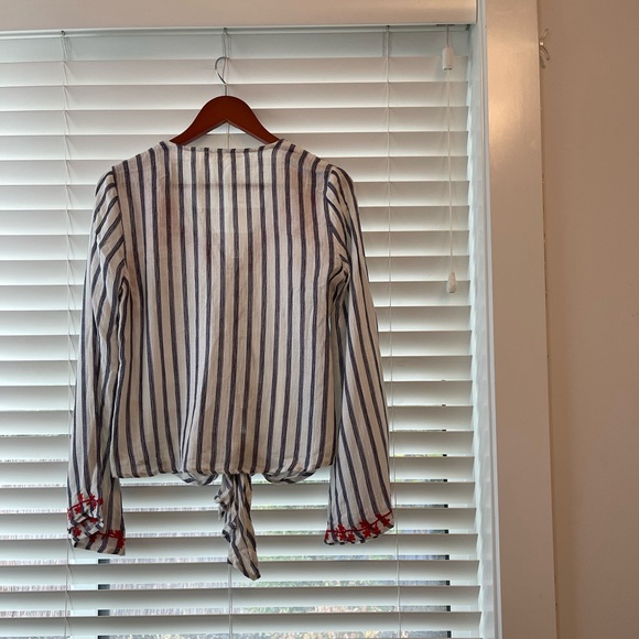 NEW LoveStitch Red Embroidered Blue + White Striped Blouse with Waist Tie - Picture 4 of 6